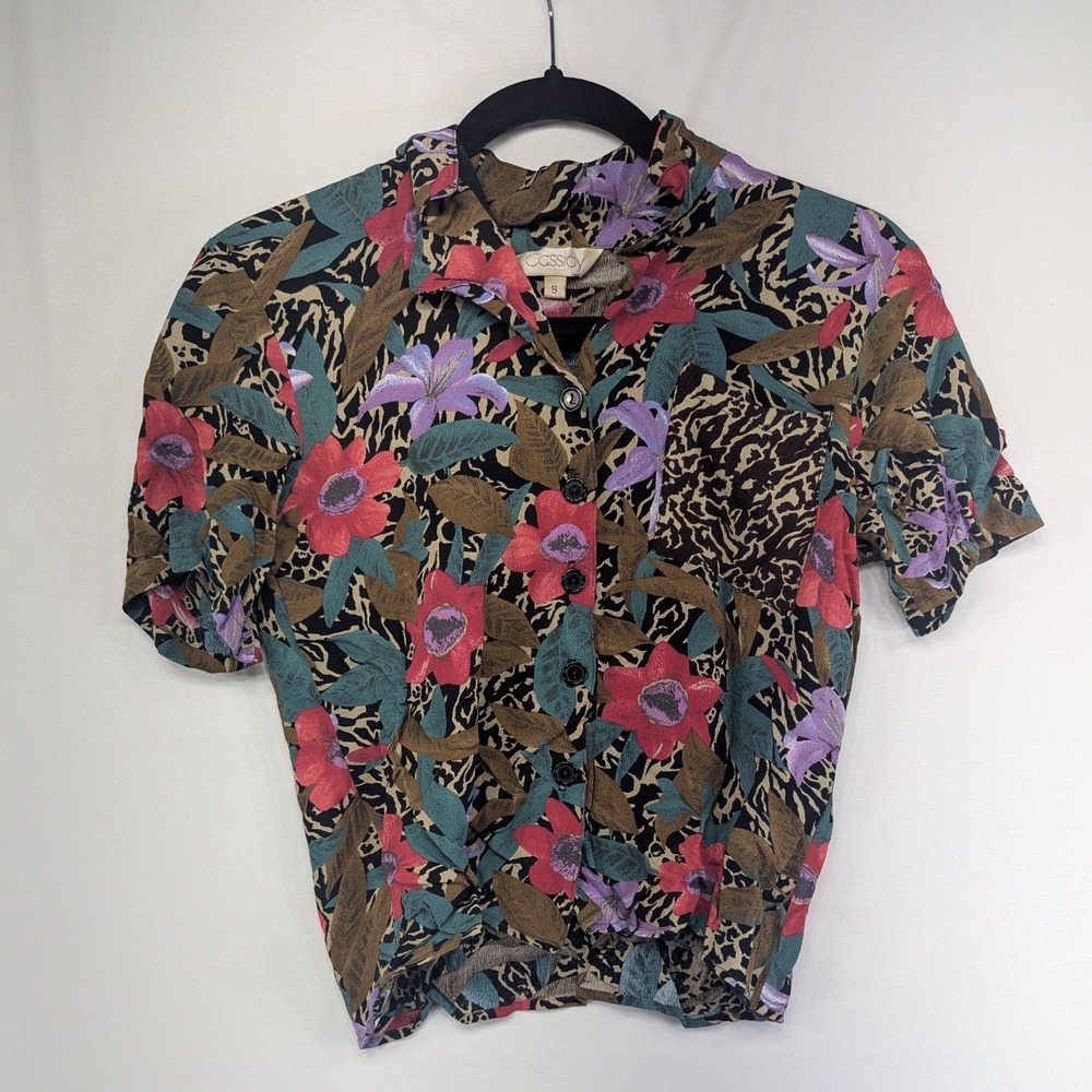 Cassidy Womens Small Floral Leopard Print Button Up Shirt Short Sleeve Tropical
